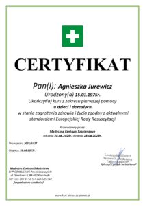 Certyfikowany Kurs pierwszej pomocy - Agnieszka Jurewicz Certyfikowany Kurs pierwszej pomocy - Agnieszka Jurewicz